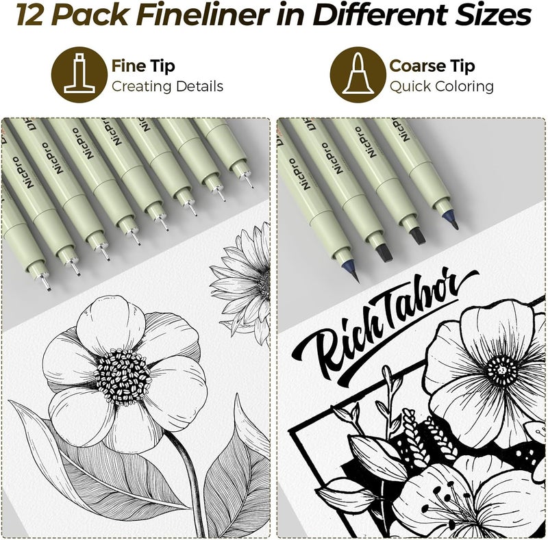 Nicpro 58PCS Art Drawing Supplies Kit in Leather Case, MP1000 Black Metal Mechanical Pencil Set with Drafting Pencil 0.5, 0.7, 0.9 & 2mm, 12 Micron Pen, Sketch Book, 30 Tube Lead Refills for Sketching - Image 3